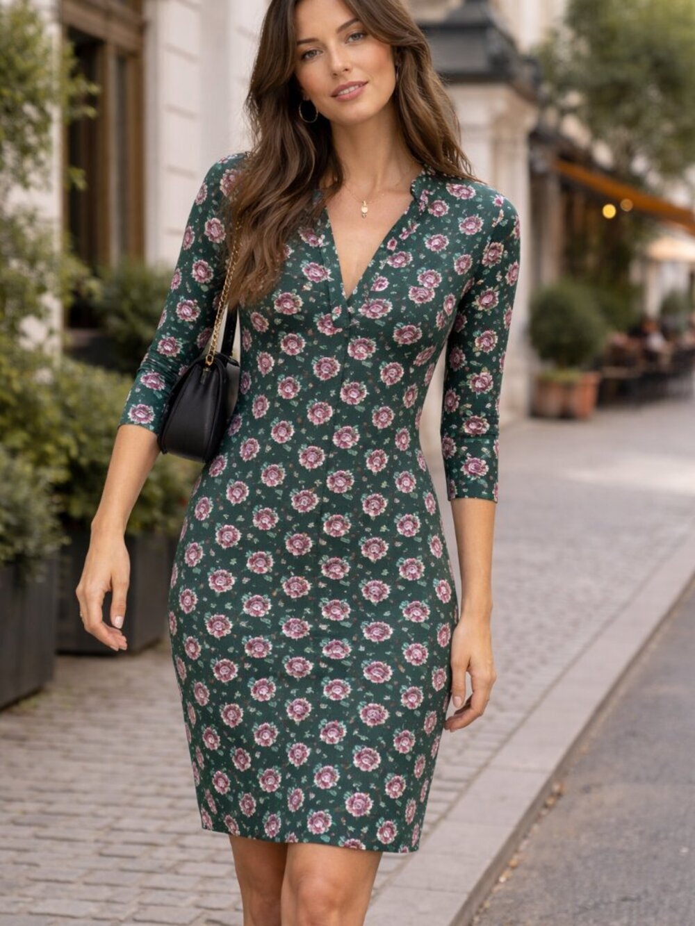 Boden Emerald Green Floral Dress Size 6 Cotton 3/4 Sleeve Pockets Knee Length